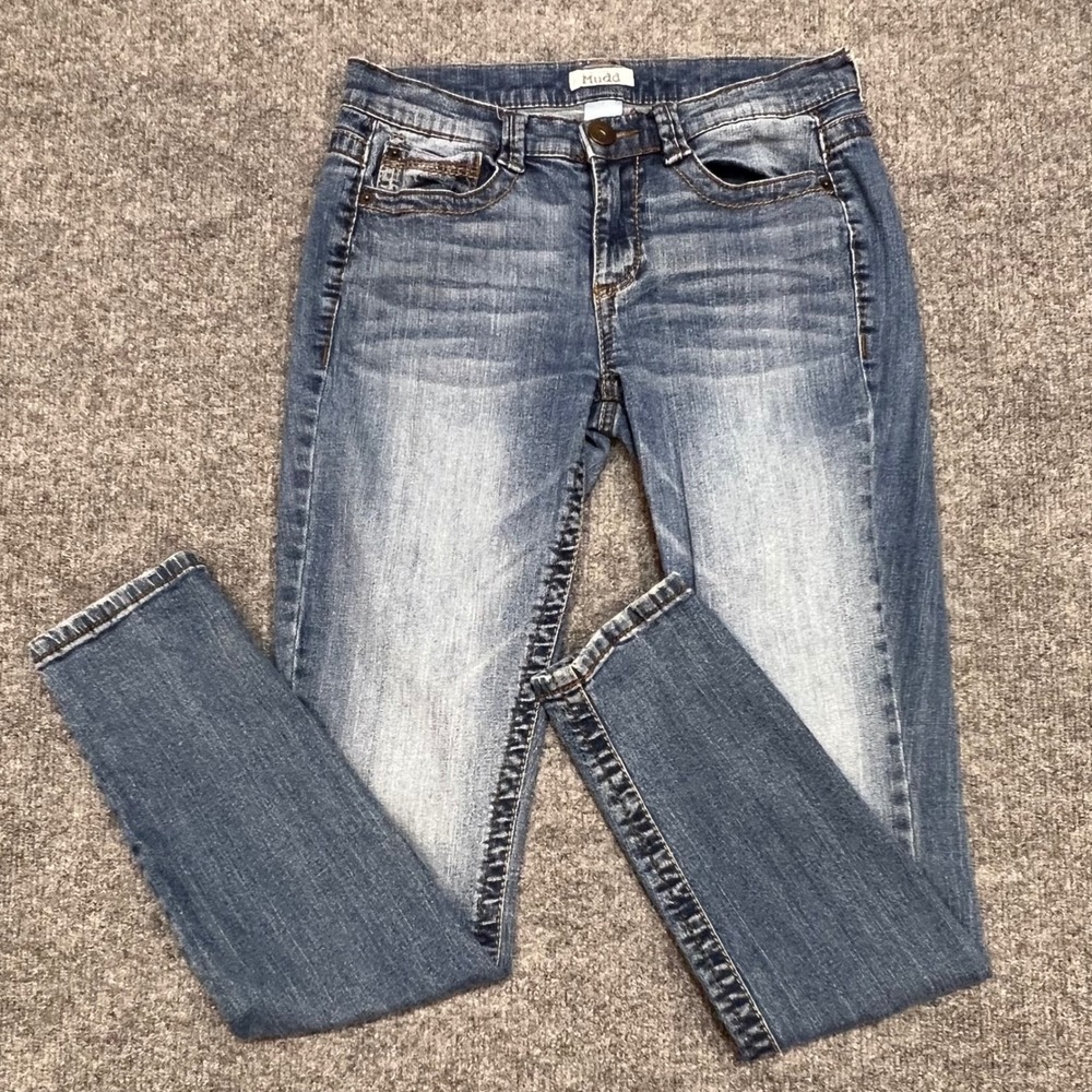 Mudd Skinny Jeans Junior Size 7 Blue Medium Wash Embroidered Pockets Stretch Y2K